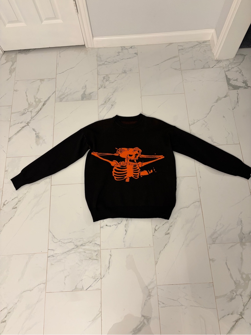 Men's Black Crewneck Sweater with Orange Skeleton Motif